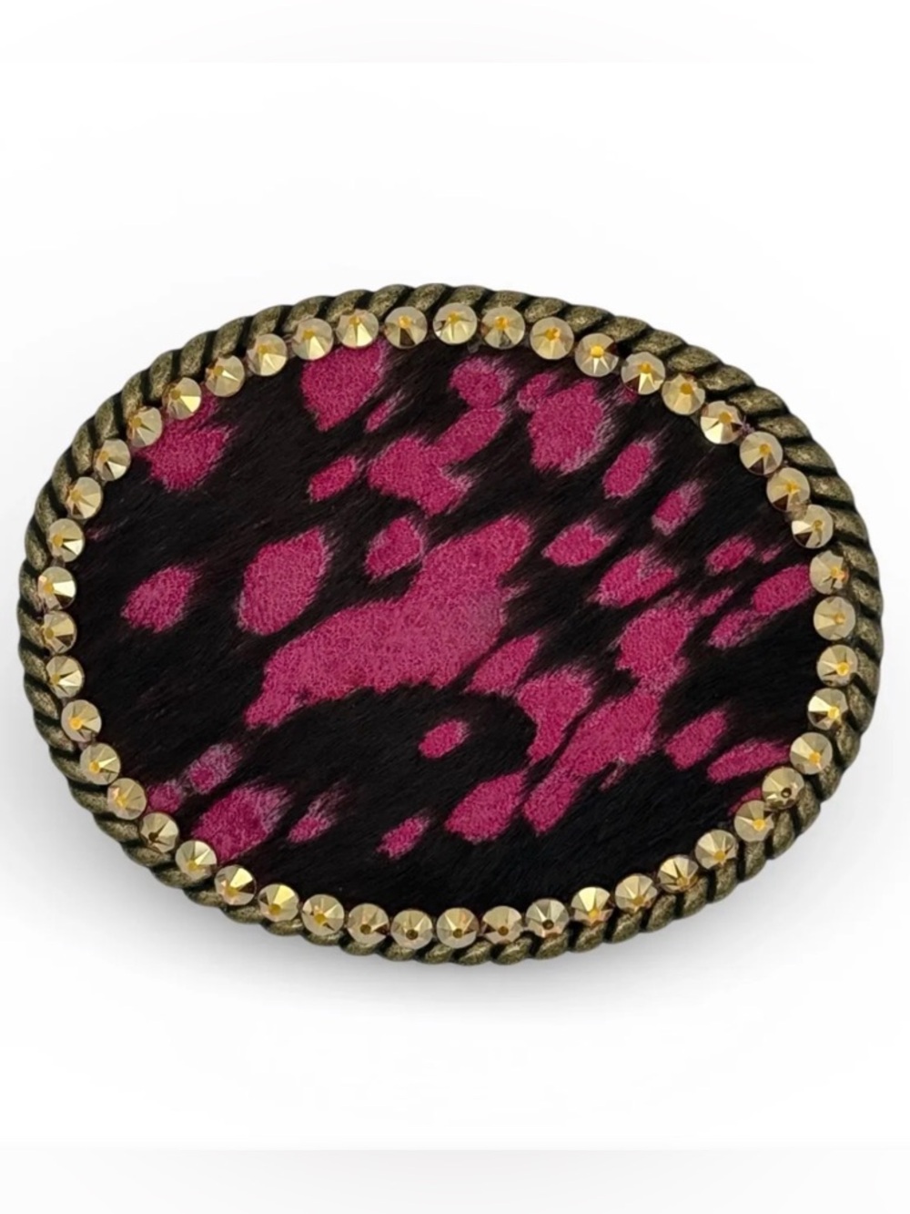 Pink and Black Speckled Cowhide Belt Buckle with Swarvoski Crystals